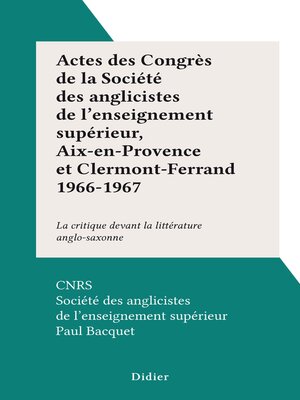cover image of Actes des Congrès de la Société des anglicistes de l'enseignement supérieur, Aix-en-Provence et Clermont-Ferrand 1966-1967